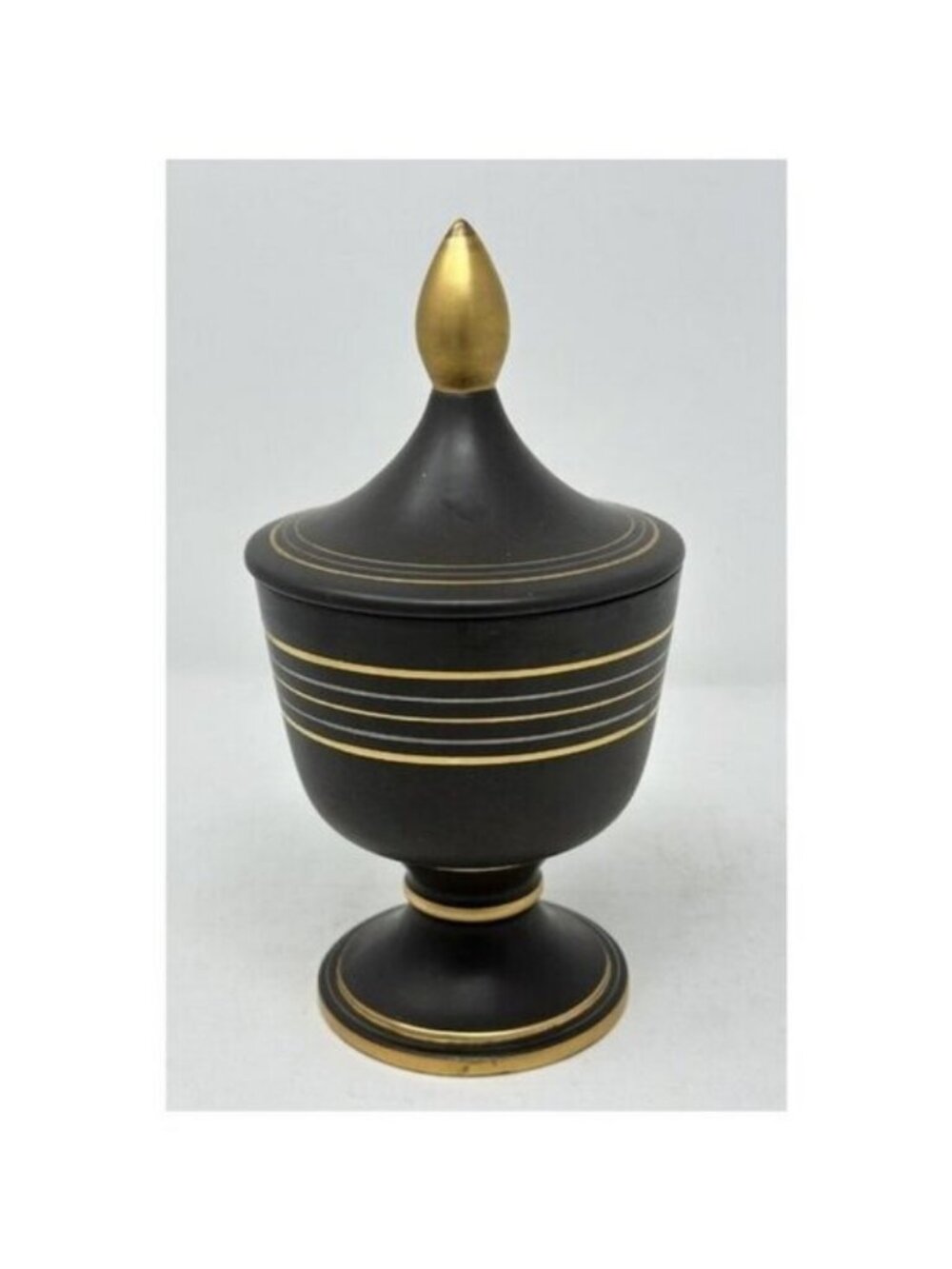 Vtg VEE JACKSON CALIFORNIA 10" URN w/ FINIAL LID Black/Brown Gold Silver Lines - Picture 3 of 13
